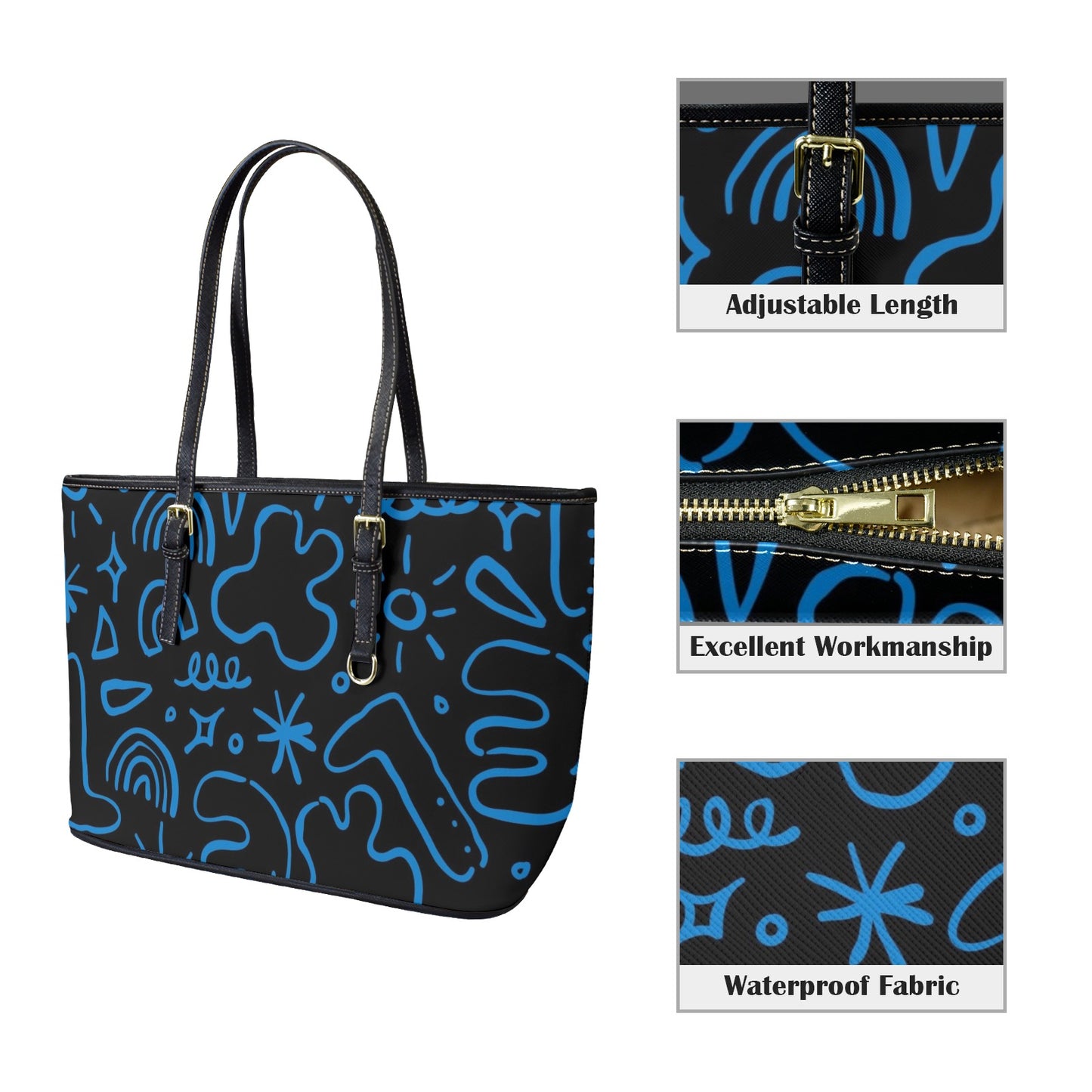 Blue Squiggle - Leather Tote Bag-Large