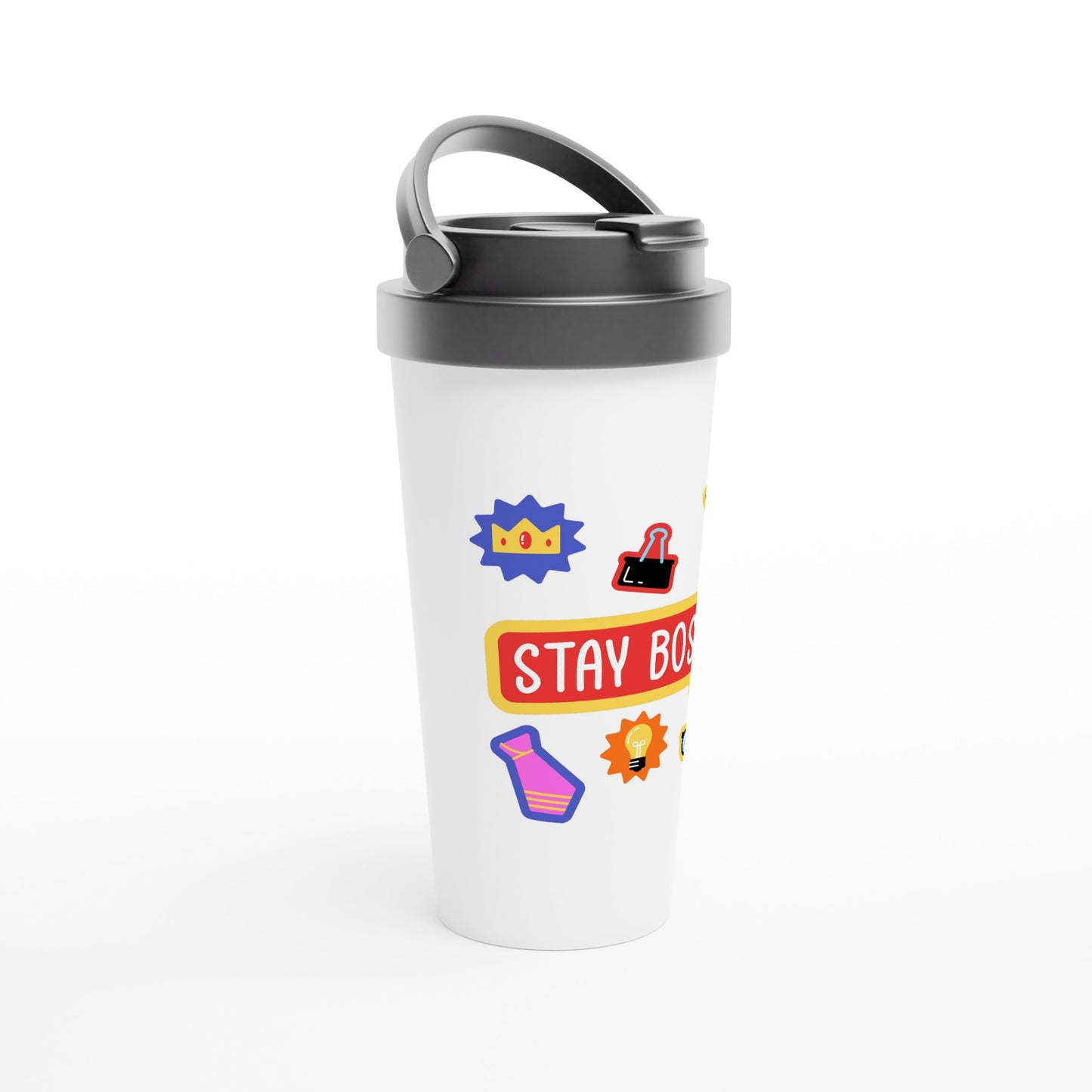 Boss Mug, Stay Bossy - White 15oz Stainless Steel Travel Mug Travel Mug Funny Globally Fulfilled