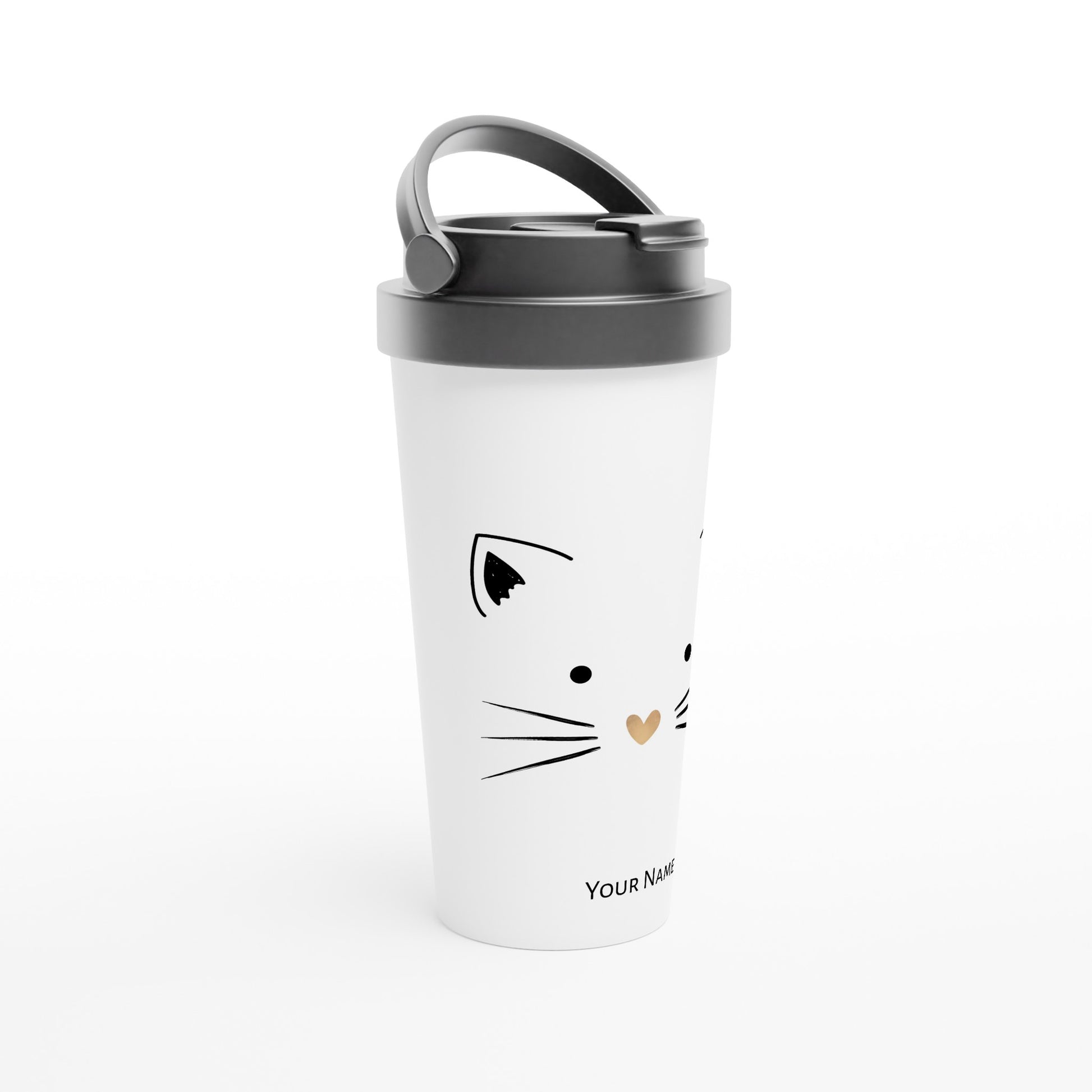 Personalised - Cat Gold Heart Nose - White 15oz Stainless Steel Travel Mug Personalised Travel Mug animal