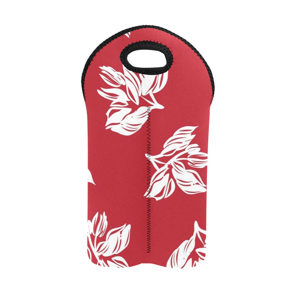 Red Retro Foliage, Hawaiian Flower - 2-Bottle Neoprene Wine Bag 2 Bottle Wine Bag Printed Offshore Summer Surf