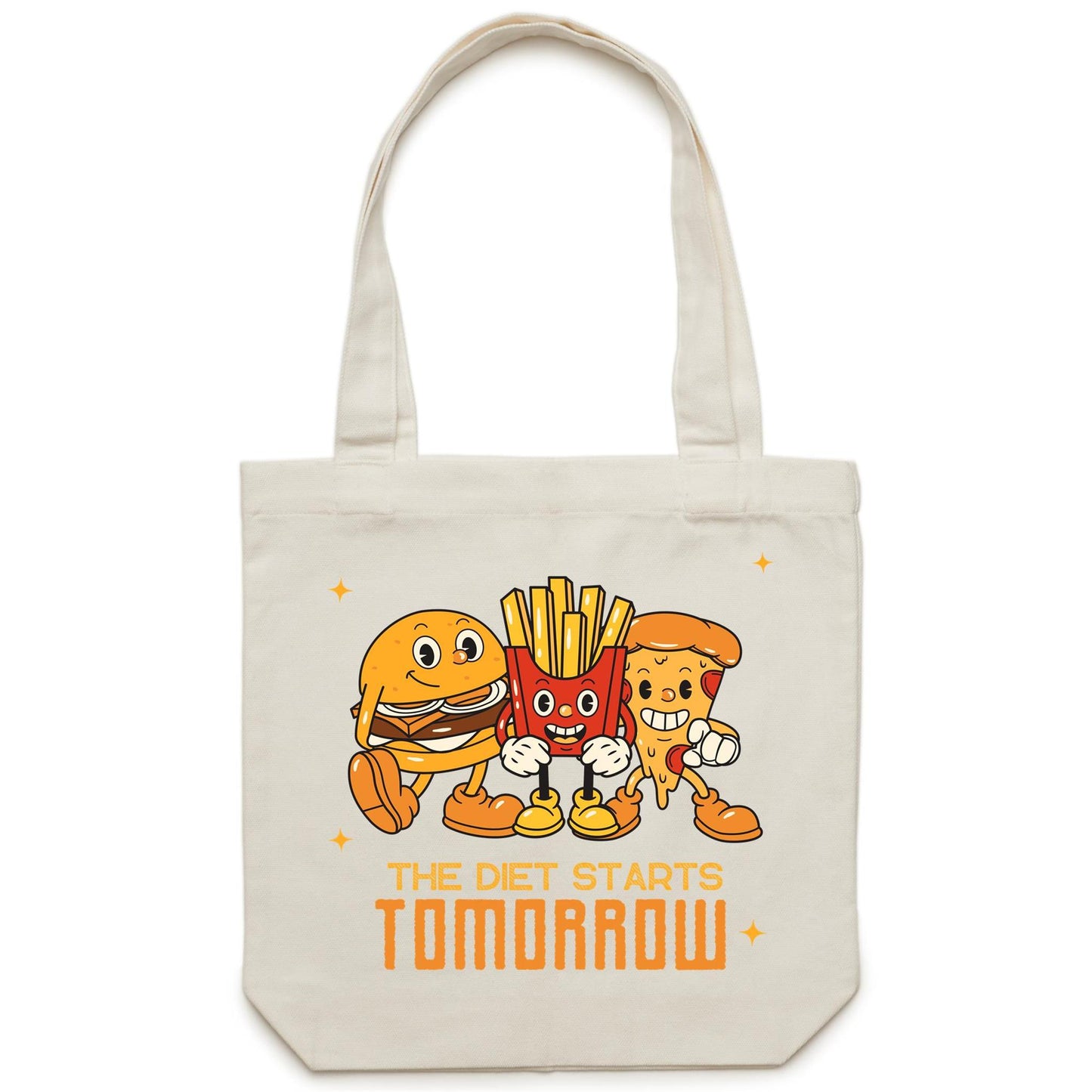 The Diet Starts Tomorrow, Hamburger, Pizza, Fries - Canvas Tote Bag Cream One Size Tote Bag Food Funny Retro