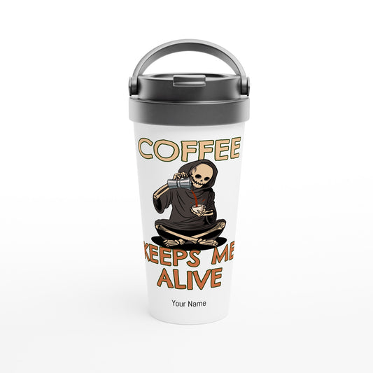 Personalised - Coffee Keeps Me Alive, Skeleton - White 15oz Stainless Steel Travel Mug Default Title Personalised Travel Mug Coffee Customise Globally Fulfilled Personalise