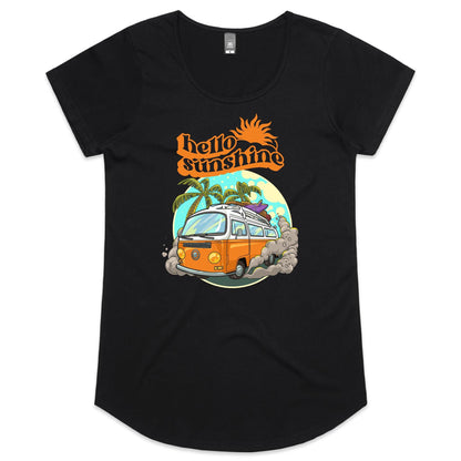 Hello Sunshine, Beach Van - Womens Scoop Neck T-Shirt Black Womens Scoop Neck T-shirt Summer Surf