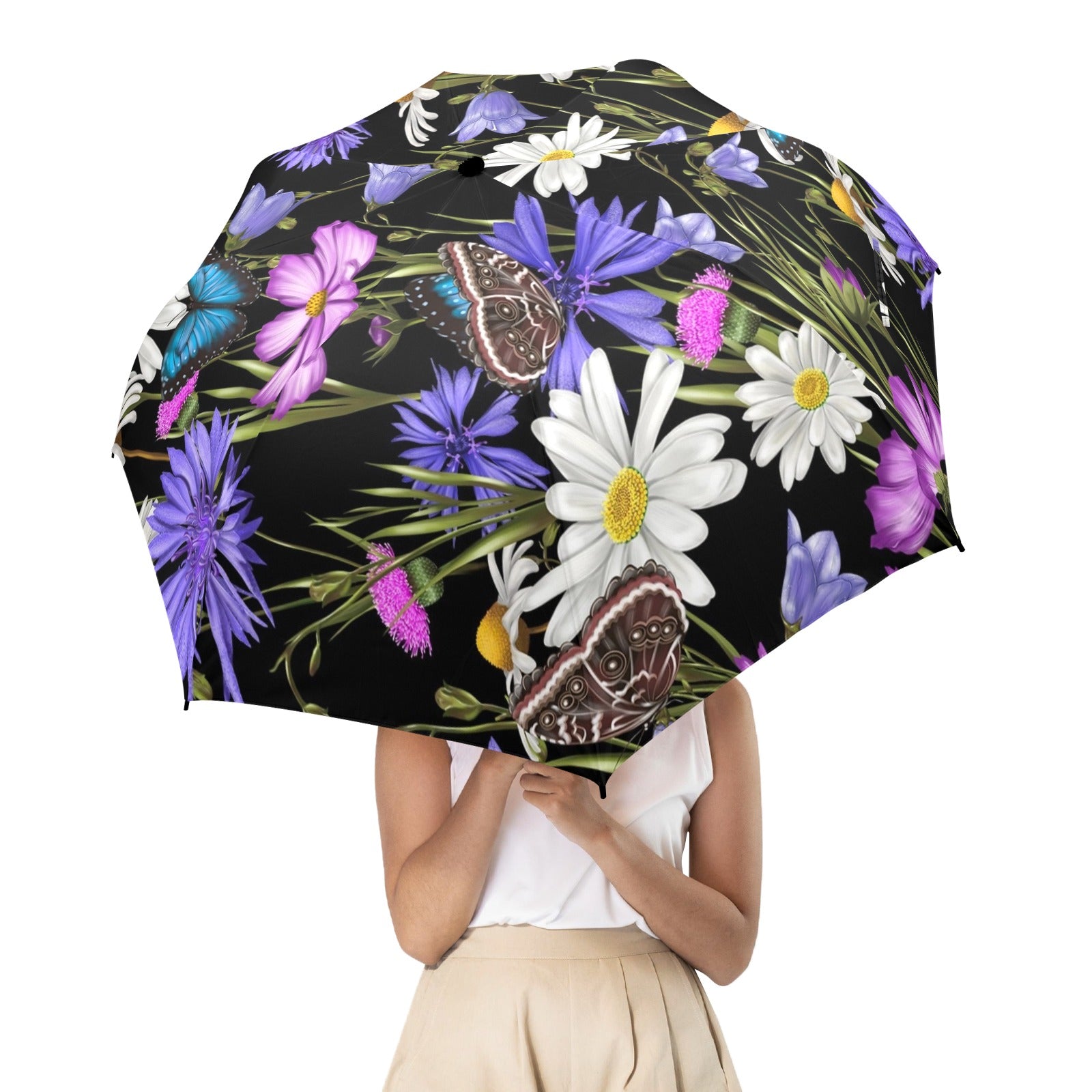 Butterfly Flowers - Semi-Automatic Foldable Umbrella Semi-Automatic Foldable Umbrella