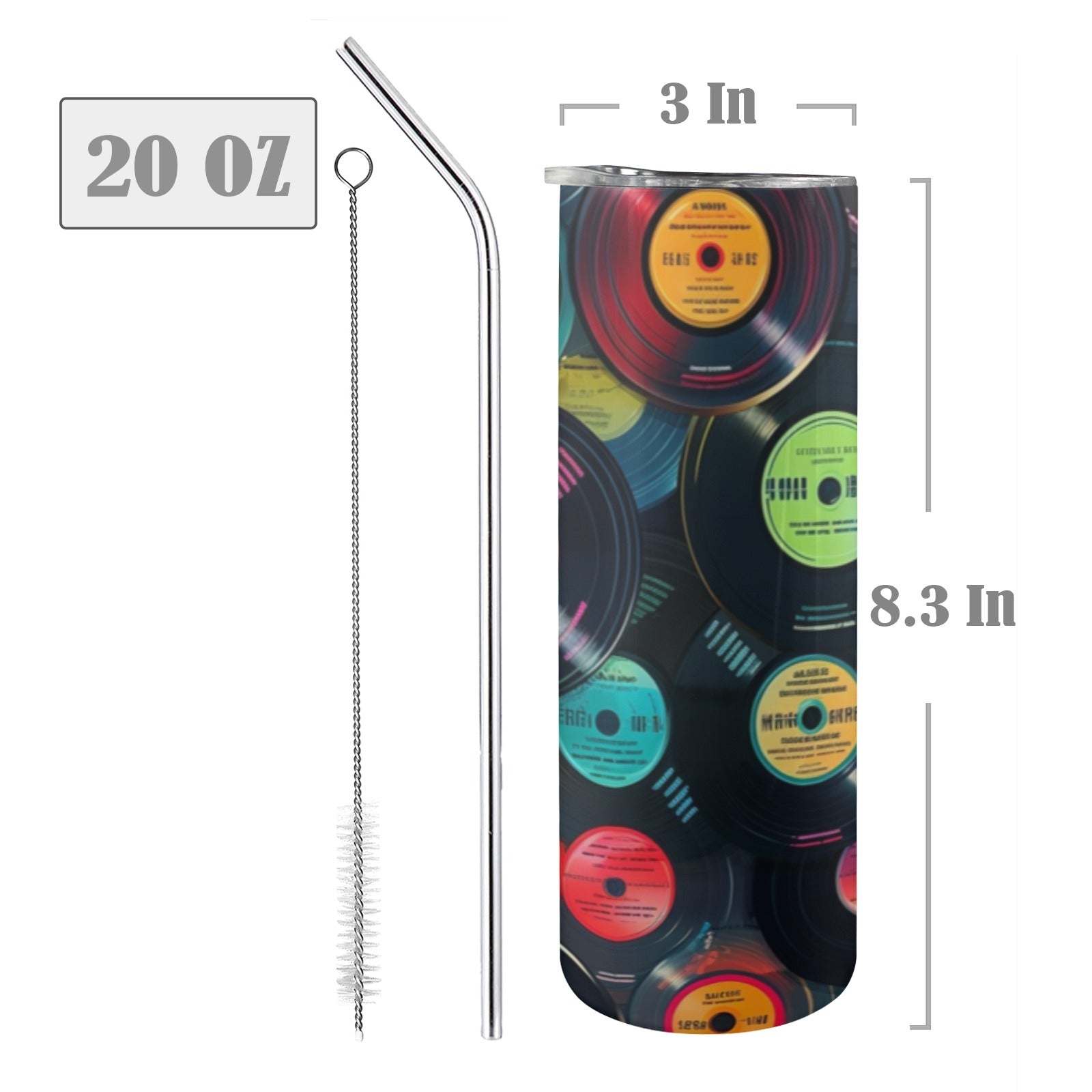 Retro Vinyl Records 2 - 20oz Tall Skinny Tumbler with Lid and Straw 20oz Tall Skinny Tumbler with Lid and Straw Music Retro