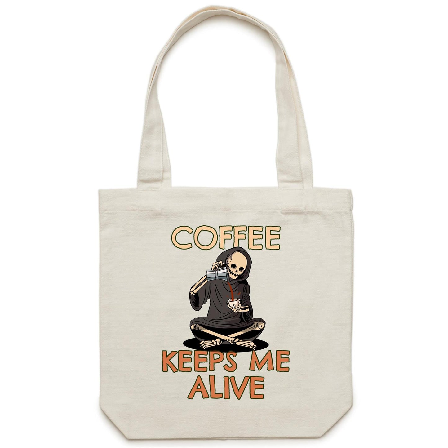 Skeleton, Coffee Keeps Me Alive - Canvas Tote Bag Cream One Size Tote Bag Coffee
