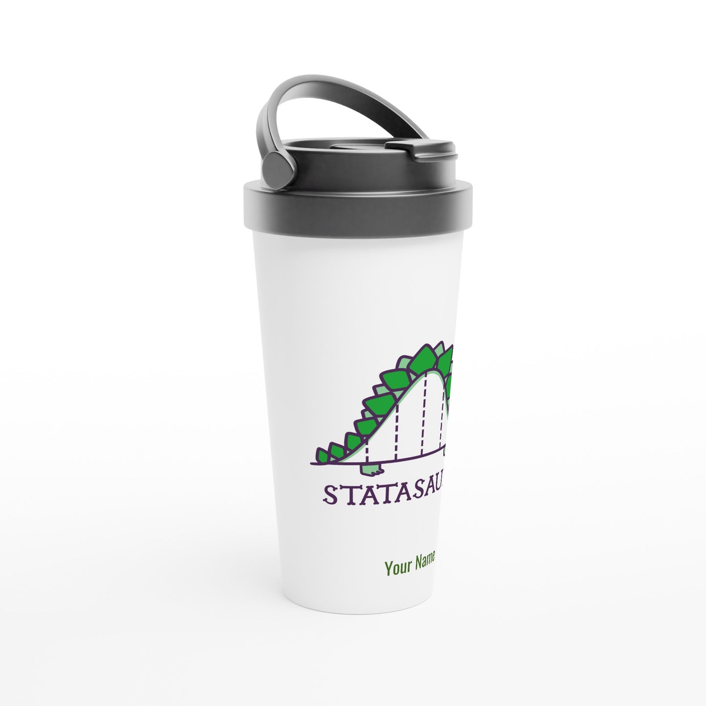 Personalised - Statasaurus - White 15oz Stainless Steel Travel Mug Personalised Travel Mug maths