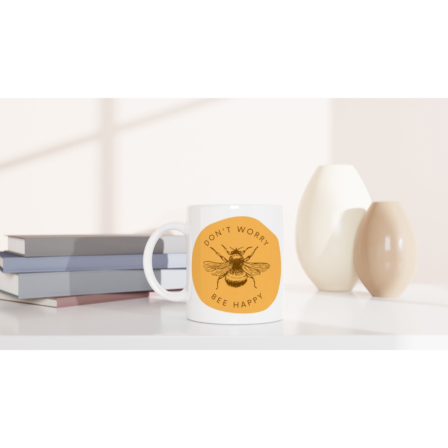 Don't Worry, Bee Happy - White 11oz Ceramic Mug White 11oz Mug animal Globally Fulfilled Positivity