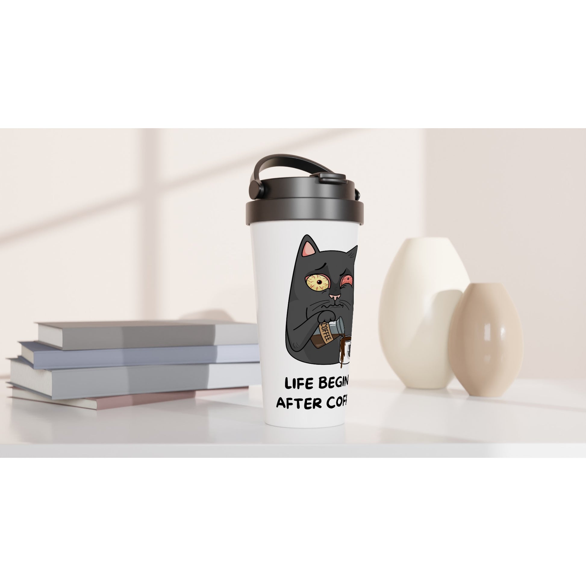 Cat, Life Begins After Coffee - White 15oz Stainless Steel Travel Mug Travel Mug animal Coffee Globally Fulfilled