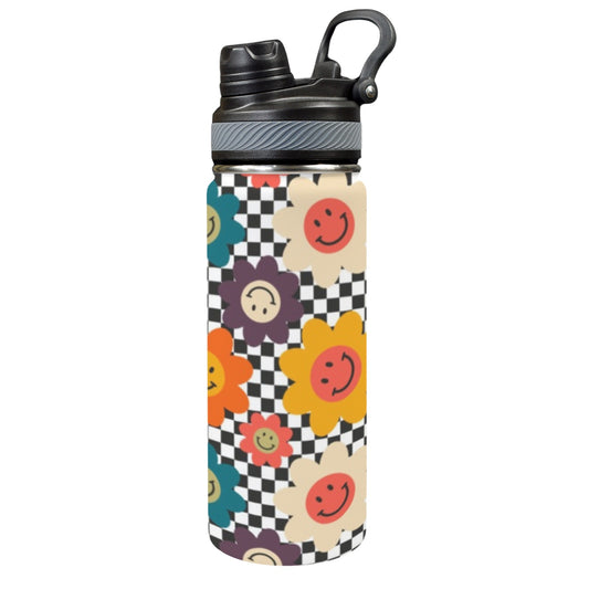 Happy Retro Flowers - Insulated Water Bottle with Dual-Use Lid (18oz)