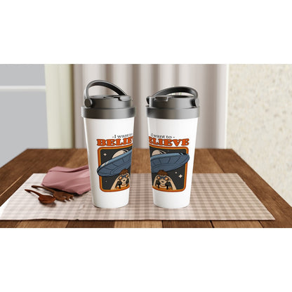 I Want To Believe - White 15oz Stainless Steel Travel Mug Travel Mug Globally Fulfilled Retro Sci Fi