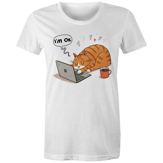 Cat Laptop, I'm OK - Womens T-shirt White Womens T-shirt animal Printed In Australia