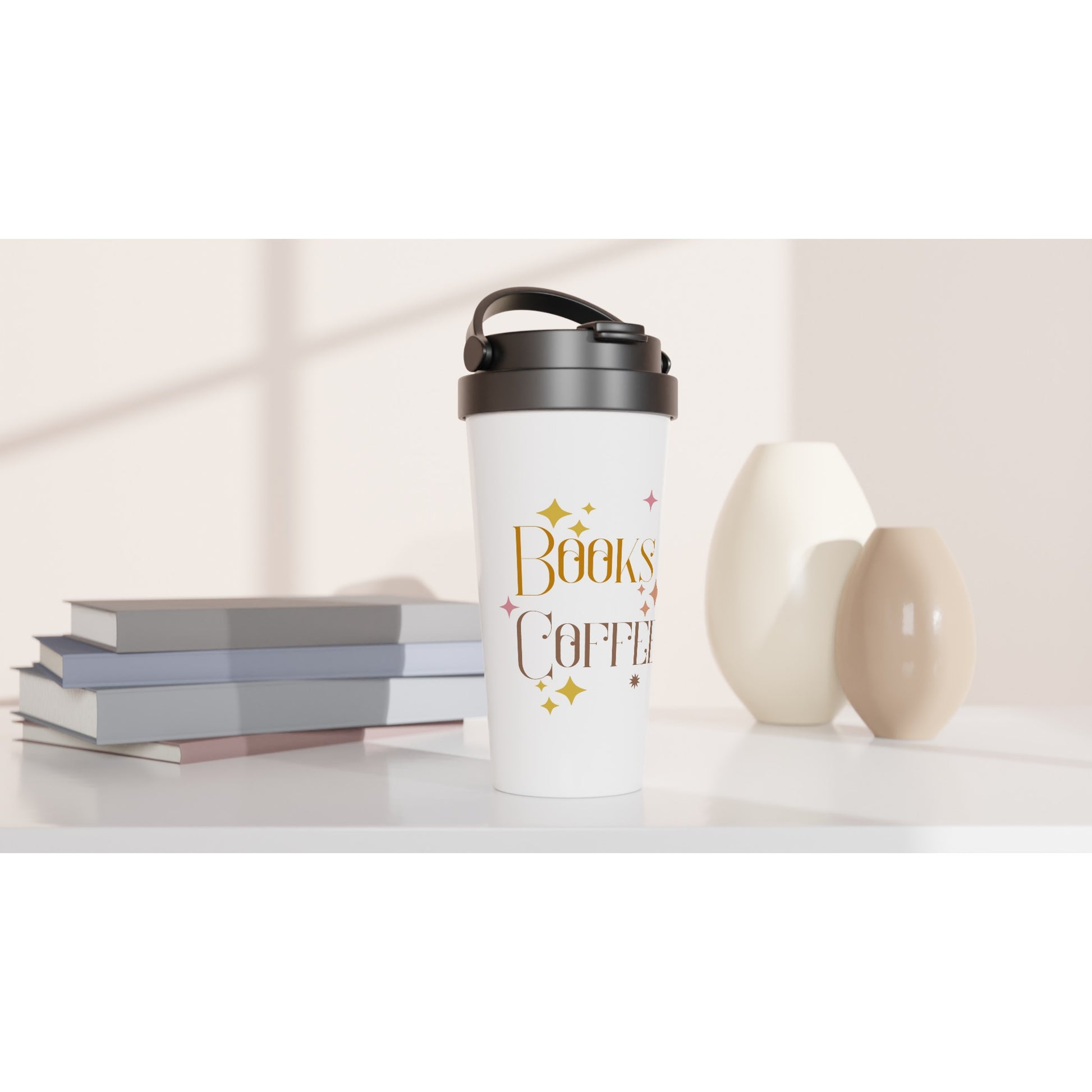 Books And Coffee - White 15oz Stainless Steel Travel Mug Travel Mug Coffee Globally Fulfilled Reading