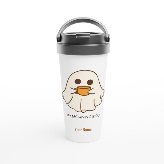 Personalised - My Morning Boo, Ghost Coffee - White 15oz Stainless Steel Travel Mug Default Title Personalised Travel Mug Coffee Customise Globally Fulfilled Personalise Sci Fi