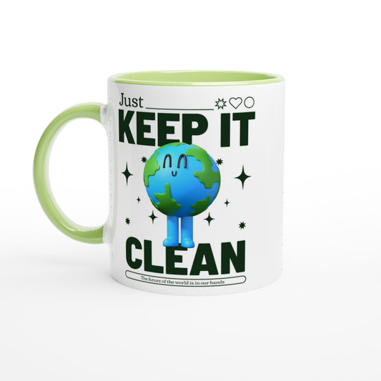Earth, Just Keep It Clean - White 11oz Ceramic Mug with Colour Inside Ceramic Green Colour 11oz Mug Environment