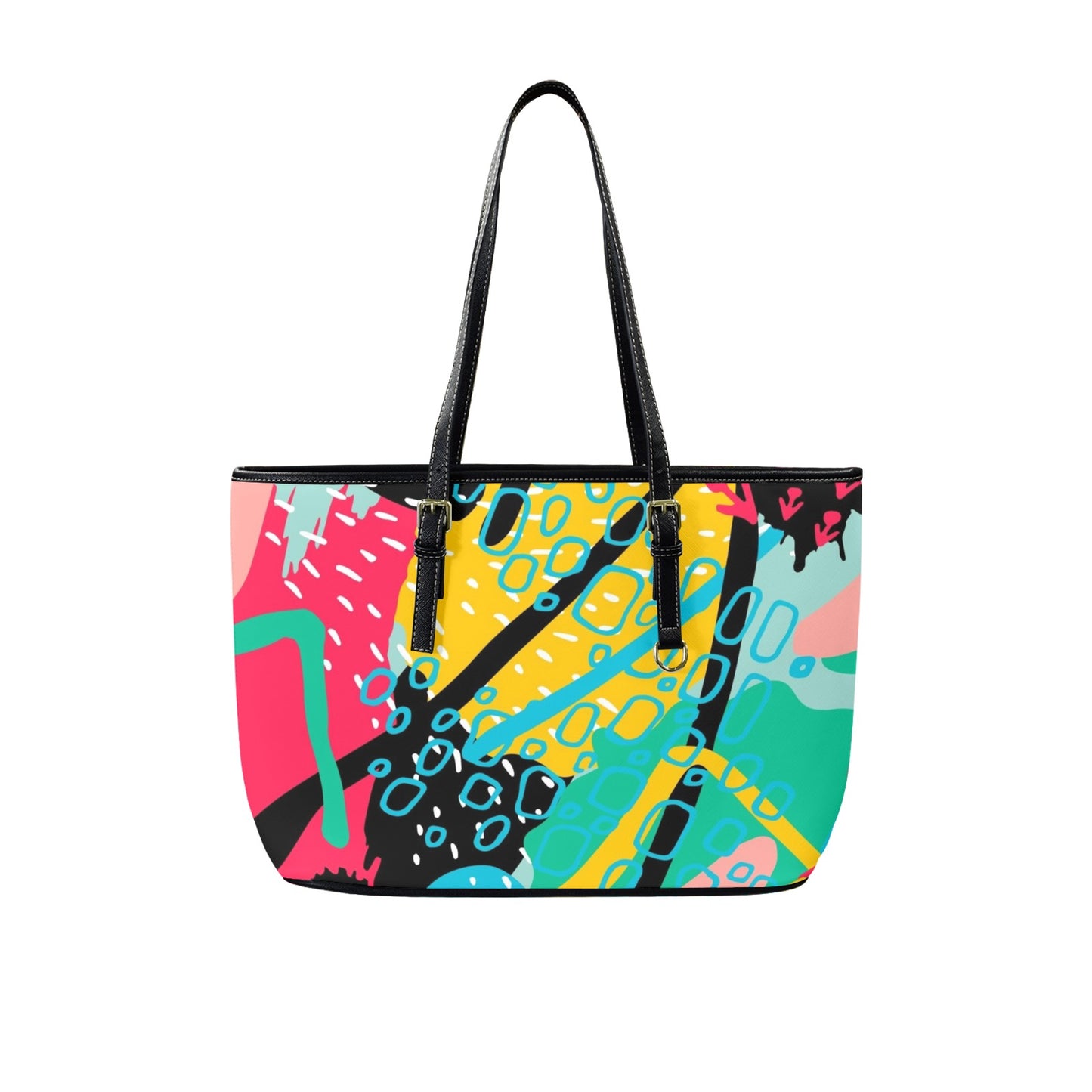 Bright Abstract - Leather Tote Bag-Large