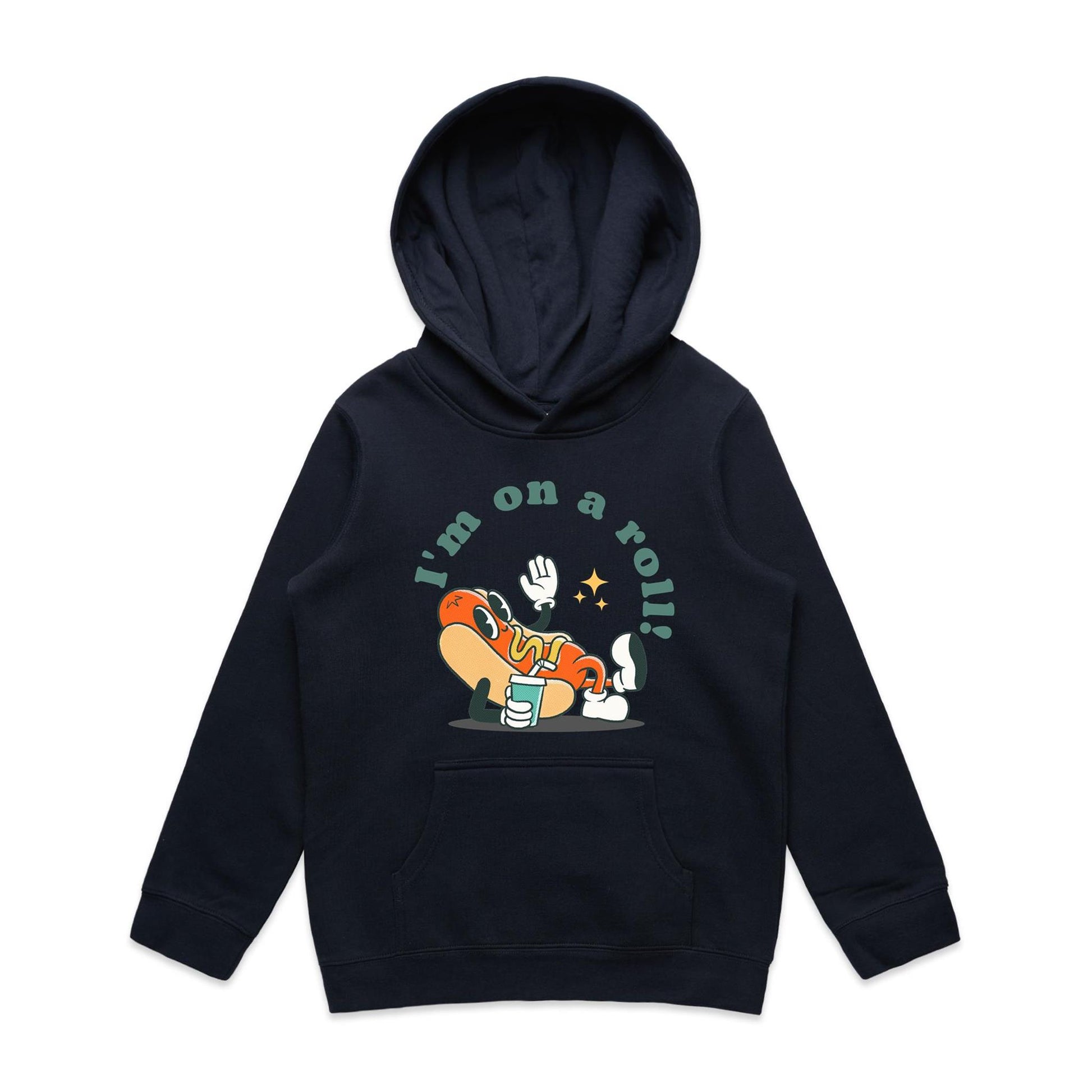 Hot Dog, I'm On A Roll - Youth Supply Hood Navy Kids Hoodie Food Retro