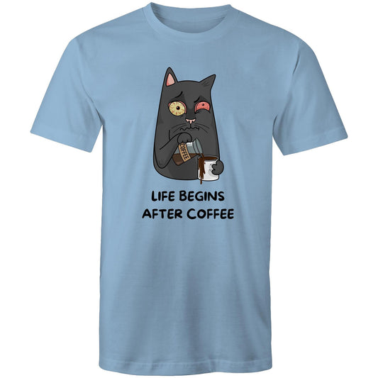 Cat, Life Begins After Coffee - Mens T-Shirt Carolina Blue Mens T-shirt animal Coffee Funny