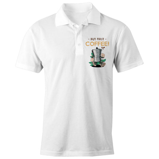 But First, Coffee - Chad S/S Polo Shirt, Printed White Polo Shirt Coffee Retro