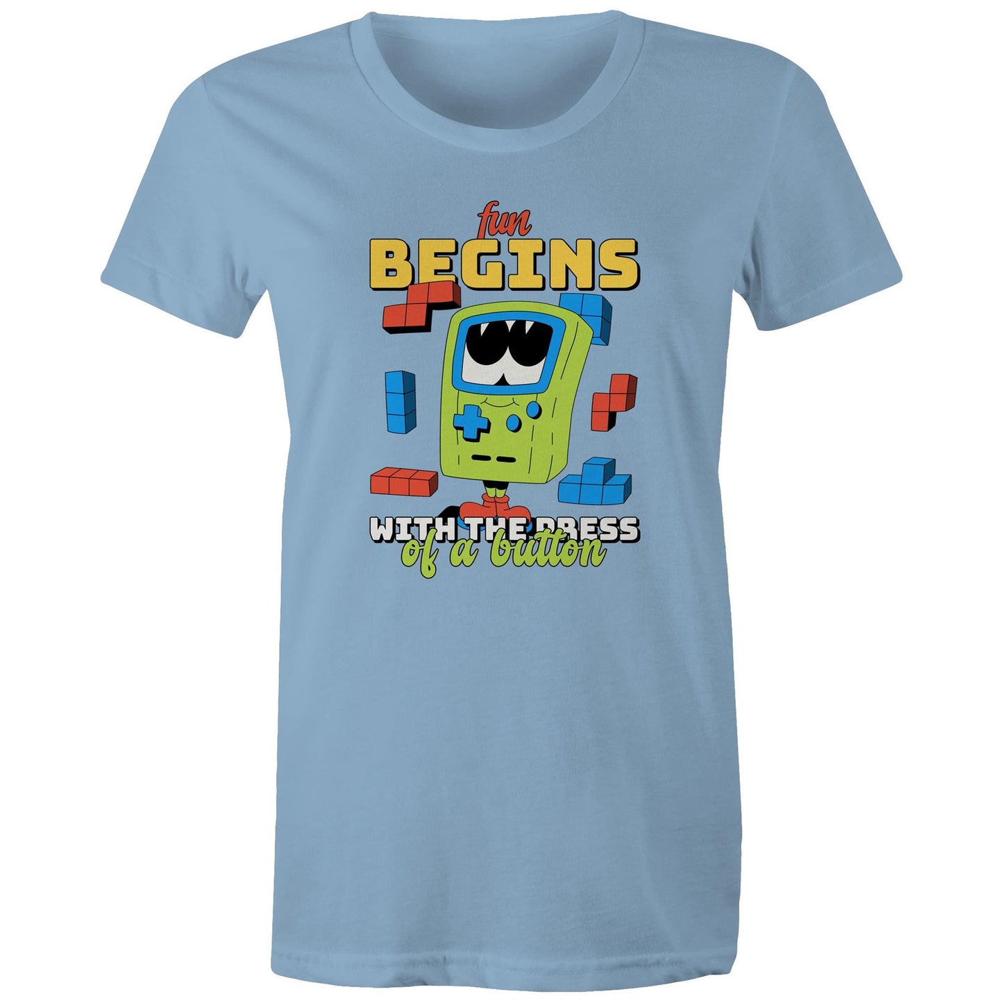 Fun Begins With The Press OF A Button, Game - Womens T-shirt Carolina Blue Womens T-shirt Games Printed In Australia