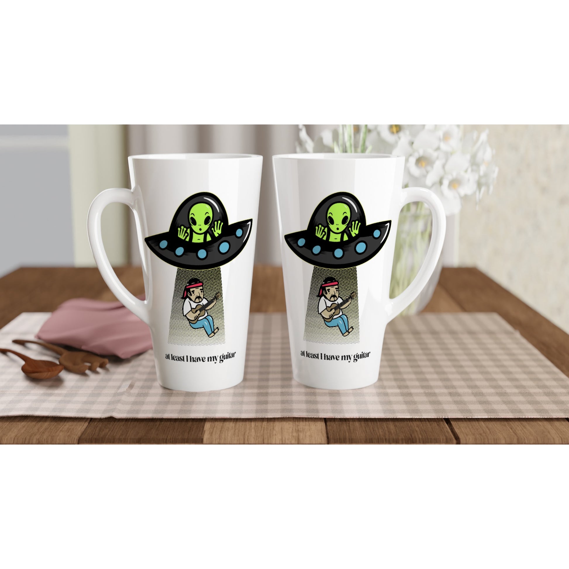 Alien Abduction, At Least I Have My Guitar - White Latte 17oz Ceramic Mug Latte Mug Music Sci Fi