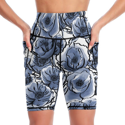 Blue And White Floral - Womens Knee-Length Yoga Shorts White Yoga Shorts Plants Printed Offshore