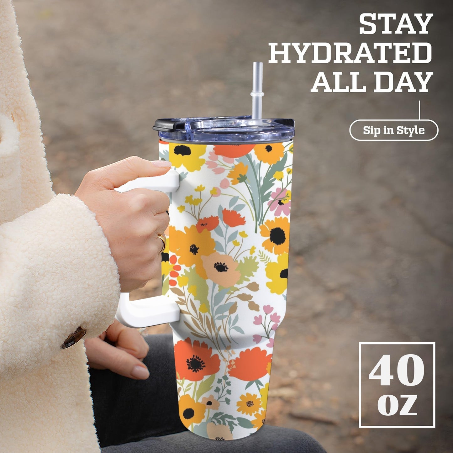 Fun Floral - 40oz Tumbler with White Handle