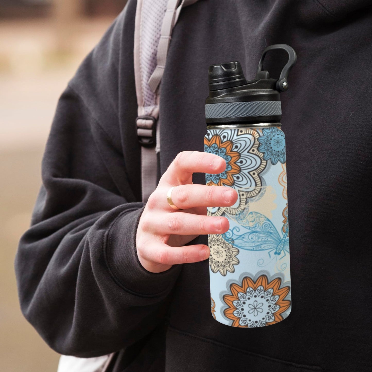 Blue Butterfly Flower - Insulated Water Bottle with Dual-Use Lid (18oz) Insulated Water Bottle with Dual-Use Lid (18oz) animal Printed Offshore