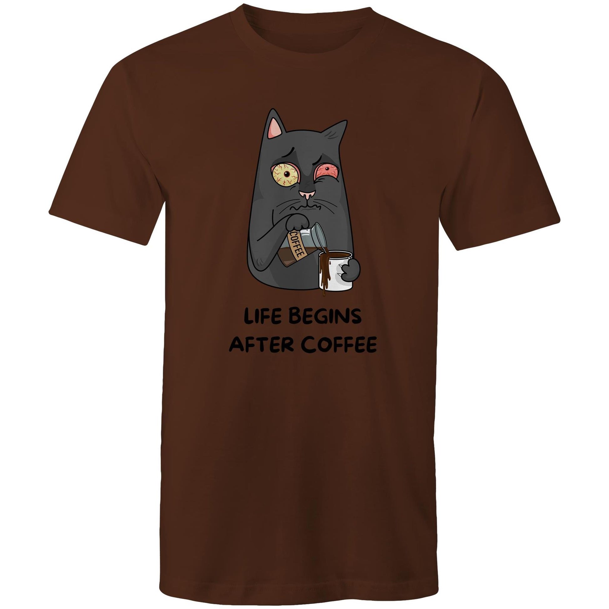 Cat, Life Begins After Coffee - Mens T-Shirt Dark Chocolate Mens T-shirt animal Coffee Funny