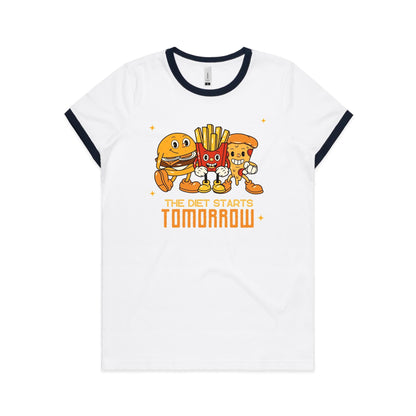 The Diet Starts Tomorrow, Hamburger, Fries, Pizza - Women's Ringer Tee