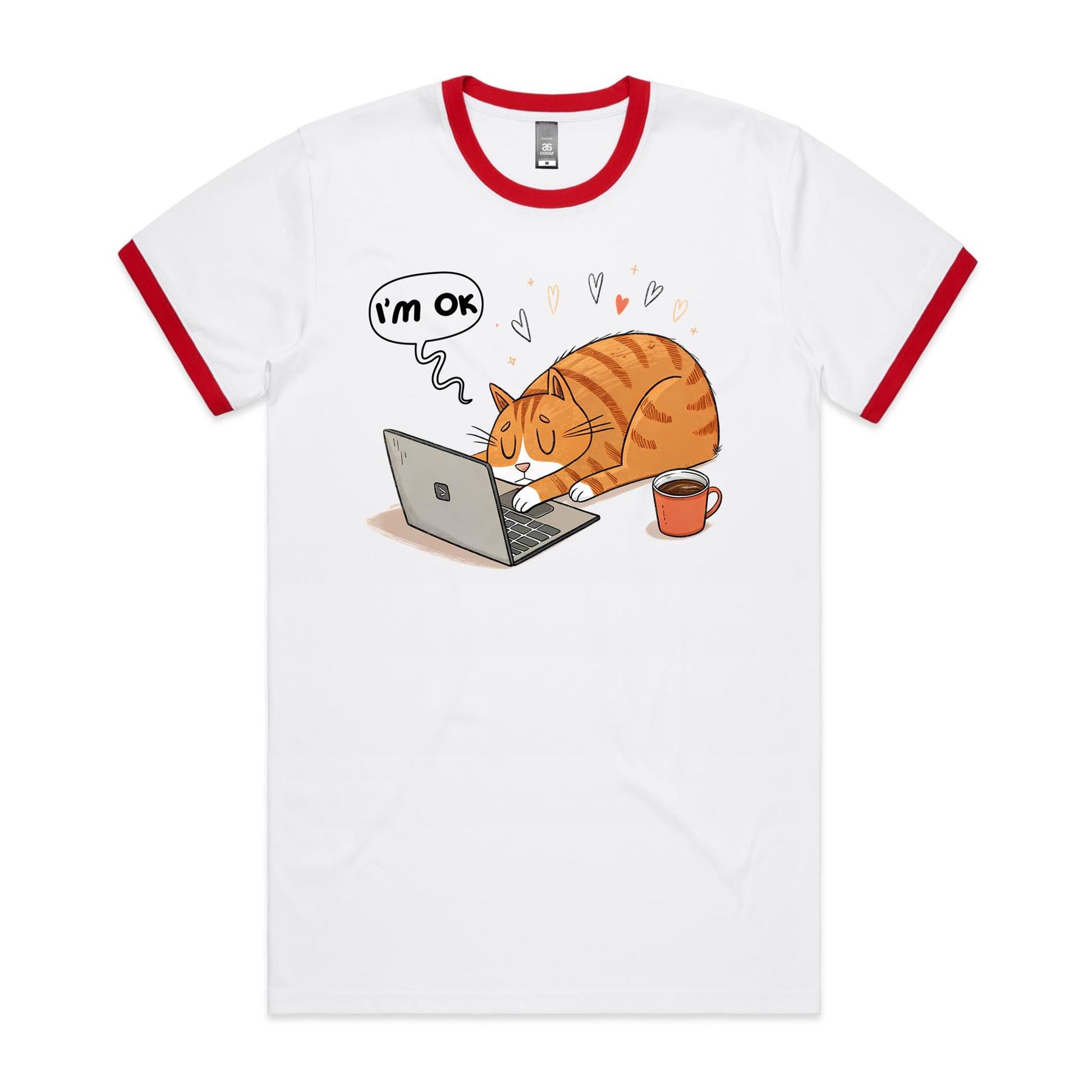 Cat Laptop, I'm OK - Ringer Tee White Red Ringer T-Shirt animal Printed In Australia