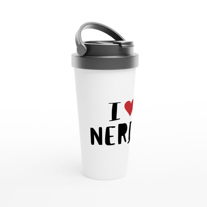 I Love Nerds, Red Heart - White 15oz Stainless Steel Travel Mug Travel Mug Funny Globally Fulfilled