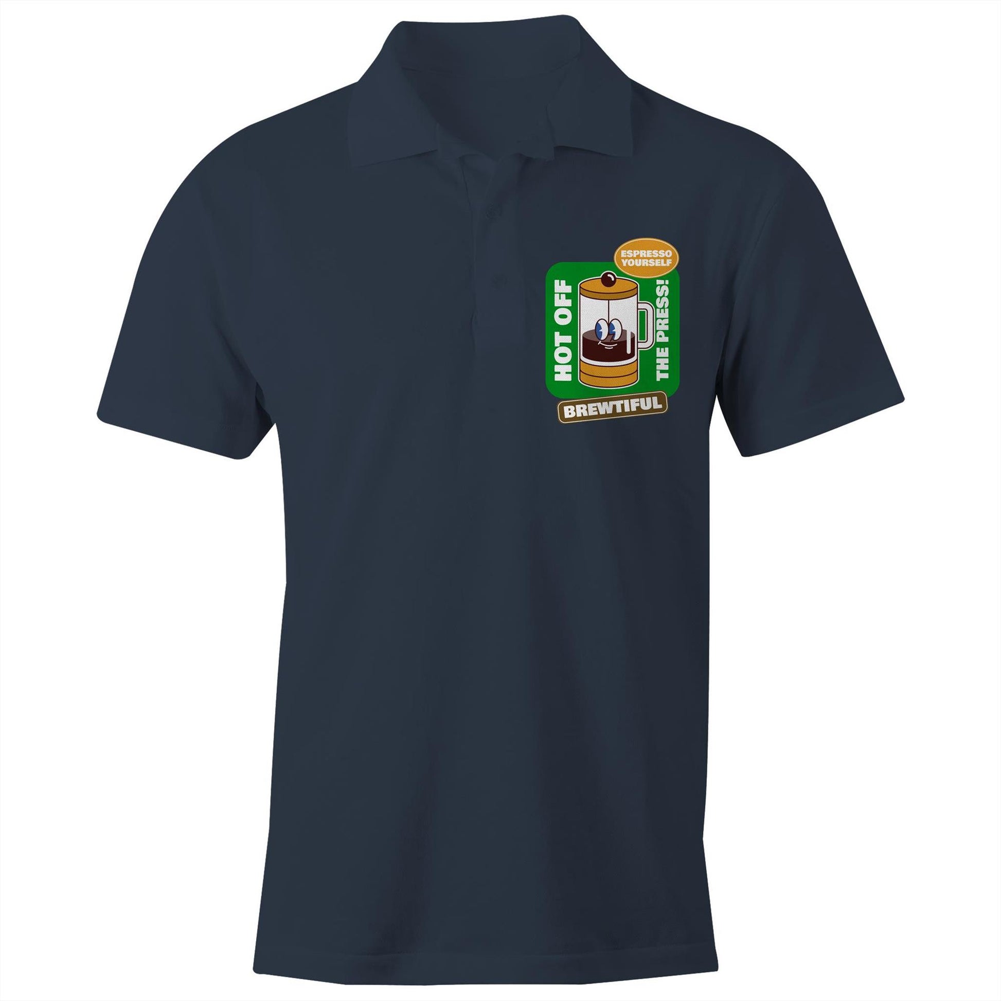 Brewtiful - Chad S/S Polo Shirt, Printed Navy Polo Shirt Coffee Retro