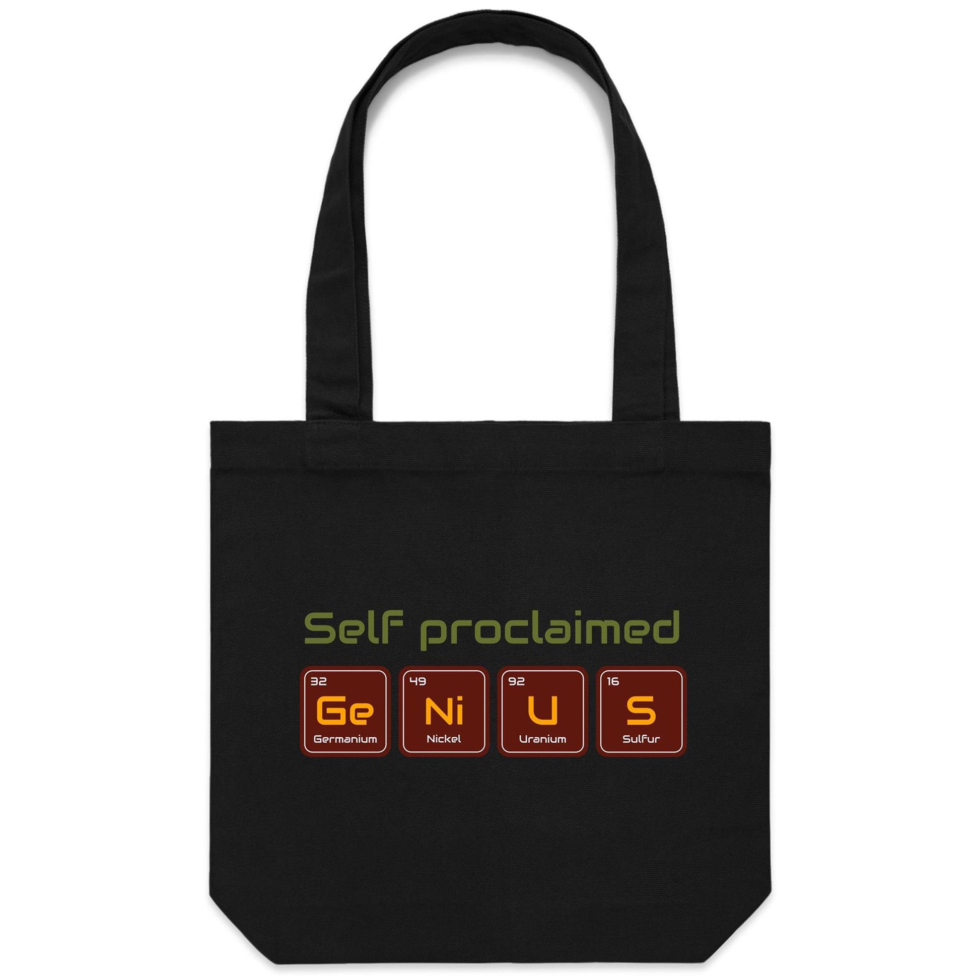 Self Proclaimed Genius, Periodic Table - Canvas Tote Bag Black One Size Tote Bag Science