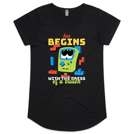 Fun Begins With The Press Of A Button, Game Console - Womens Scoop Neck T-Shirt