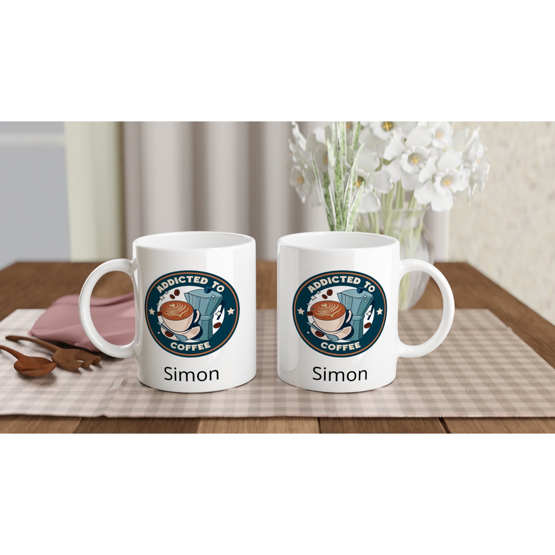 Personalise - Addicted To Coffee - White 11oz Ceramic Mug Personalised Mug Coffee customise Globally Fulfilled personalise