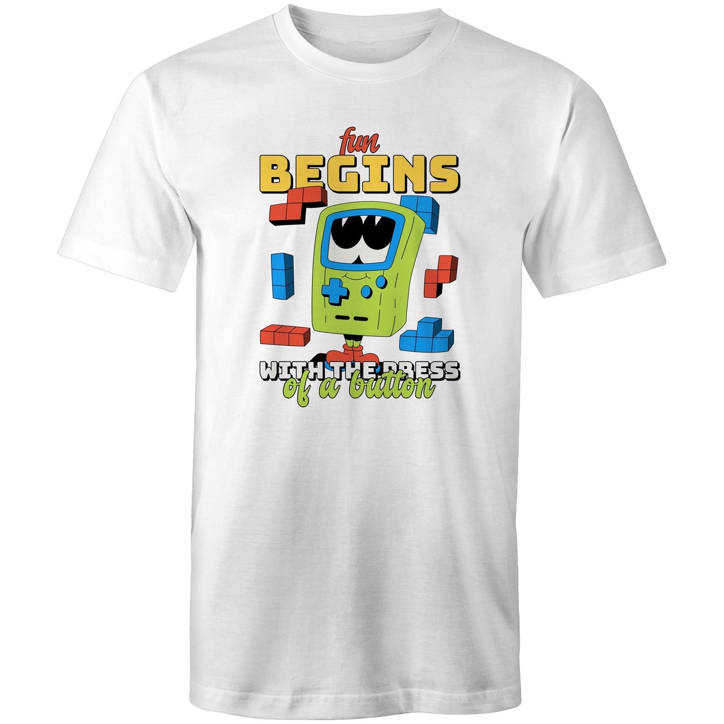 Fun Begins With The Press Of A Button, Video Game - Mens T-Shirt White Mens T-shirt Games Printed In Australia