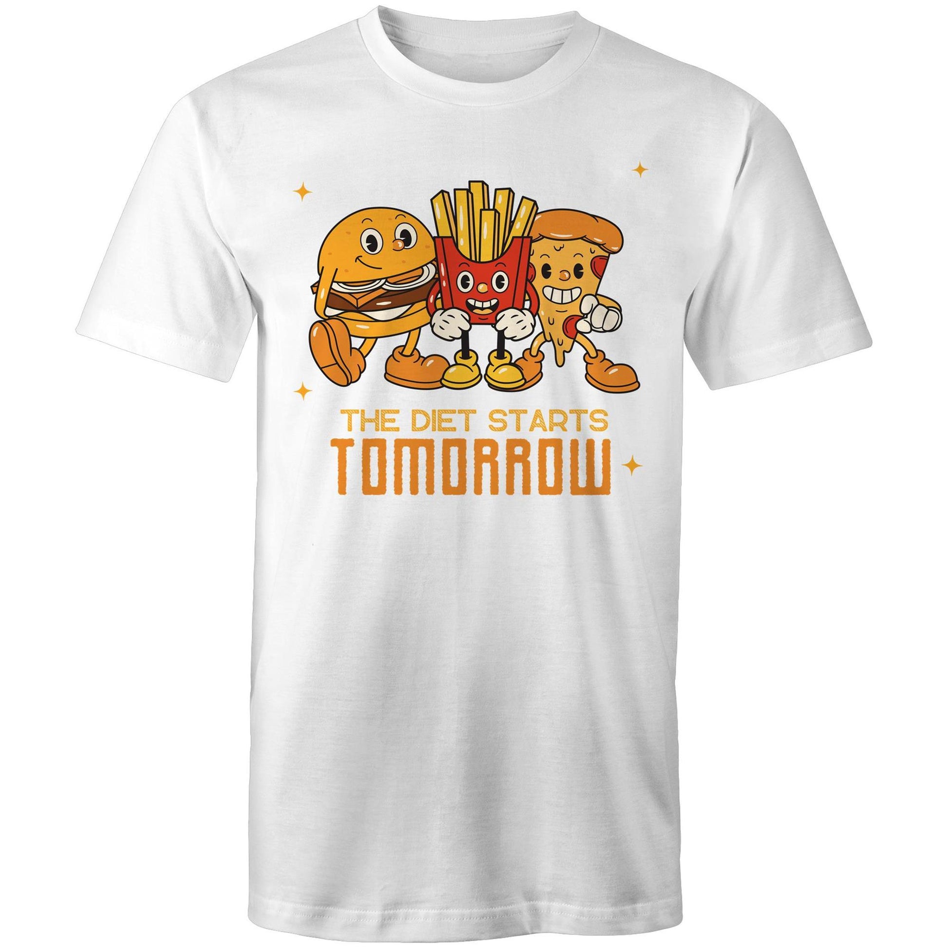 The Diet Starts Tomorrow, Hamburger, Pizza, Fries - Mens T-Shirt White Mens T-shirt Food Funny Retro