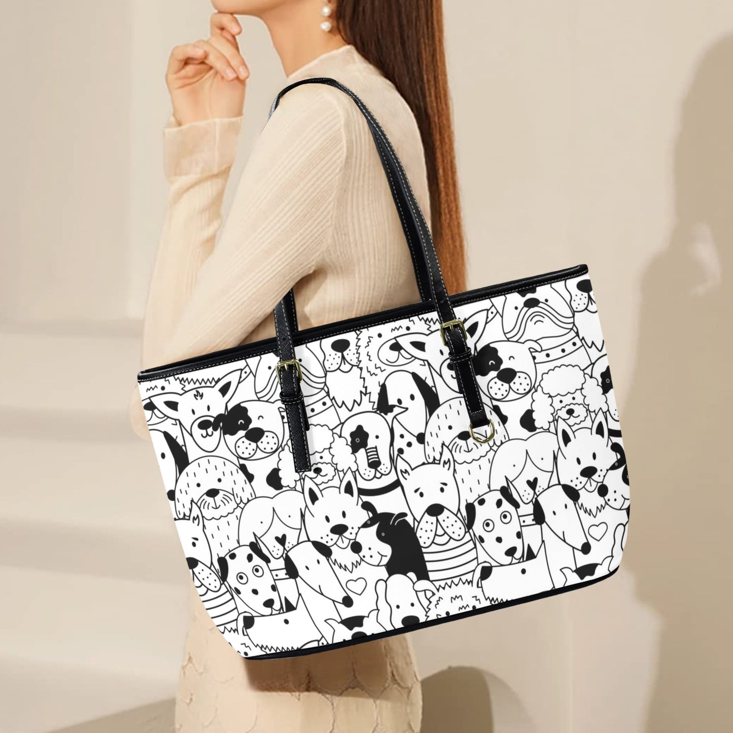 Black And White Dogs - Leather Tote Bag-Large