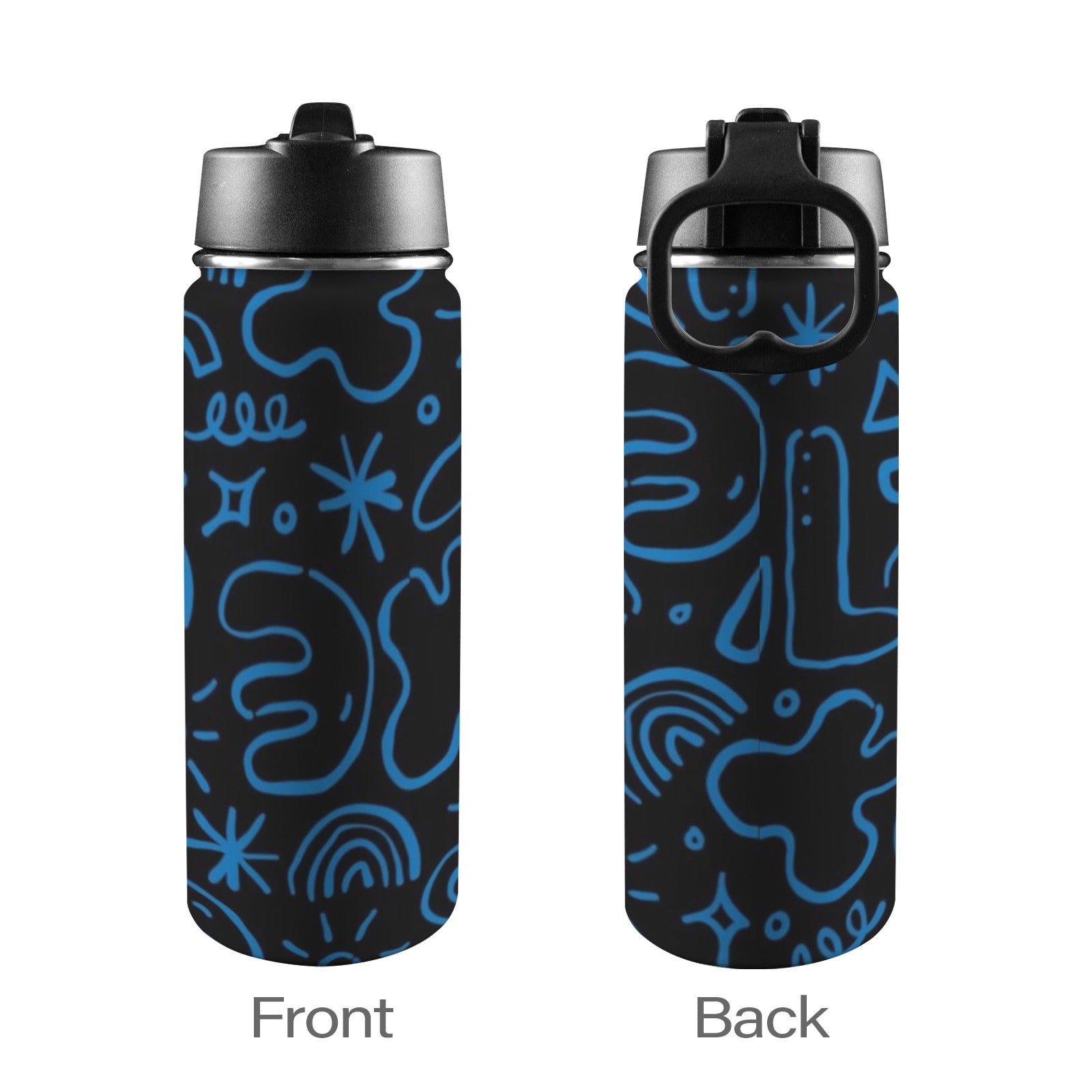 Blue Squiggle - Insulated Water Bottle with Straw Lid (18oz) Insulated Water Bottle with Swing Handle Printed Offshore