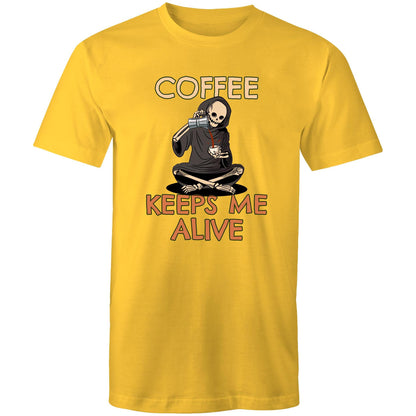 Coffee Keeps Me Alive, Skeleton - Mens T-Shirt Yellow Mens T-shirt Coffee Printed In Australia