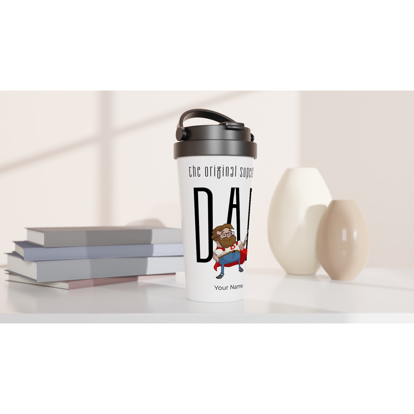 Personalised - Dad, The Original Superhero - White 15oz Stainless Steel Travel Mug Personalised Travel Mug comic Dad Globally Fulfilled