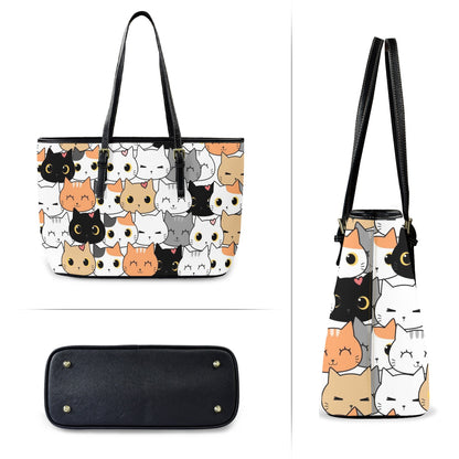 Cute Cartoon Cats - Leather Tote Bag-Large