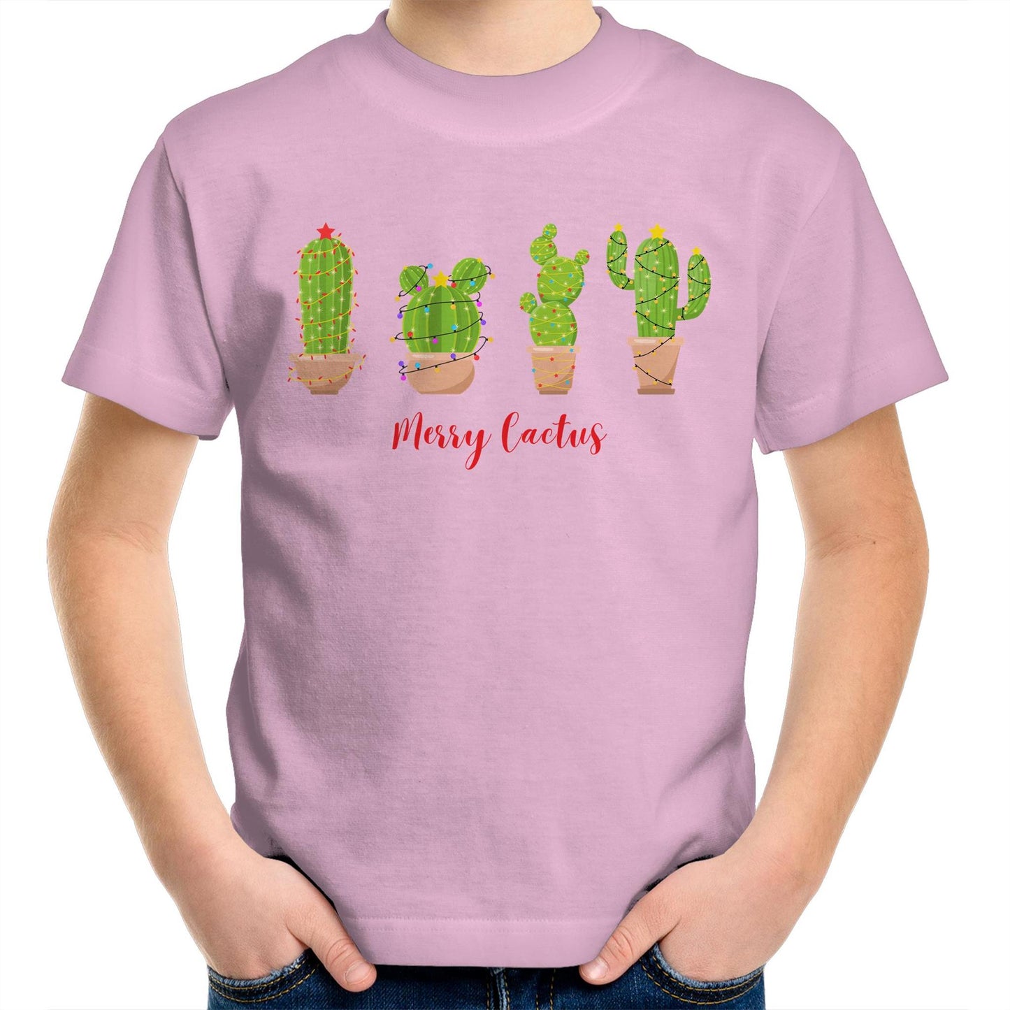 Merry Cactus, Christmas - Kids Youth T-Shirt Pink Kids Christmas T-shirt Christmas Printed In Australia