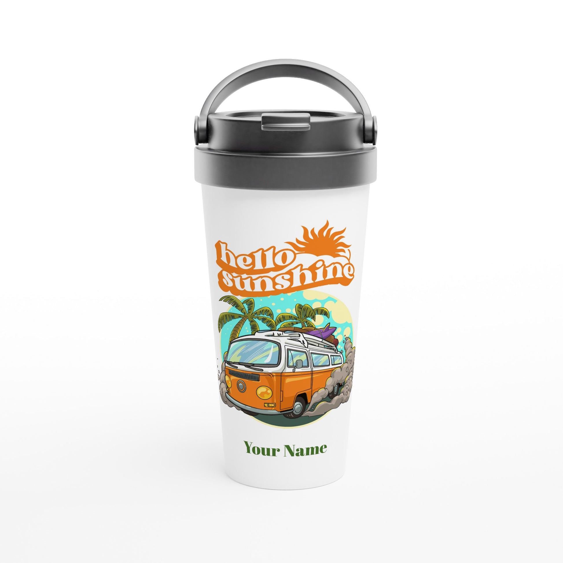 Personalised - Hello Sunshine, Beach Van - White 15oz Stainless Steel Travel Mug Default Title Personalised Travel Mug Customise Globally Fulfilled Personalise Retro Summer