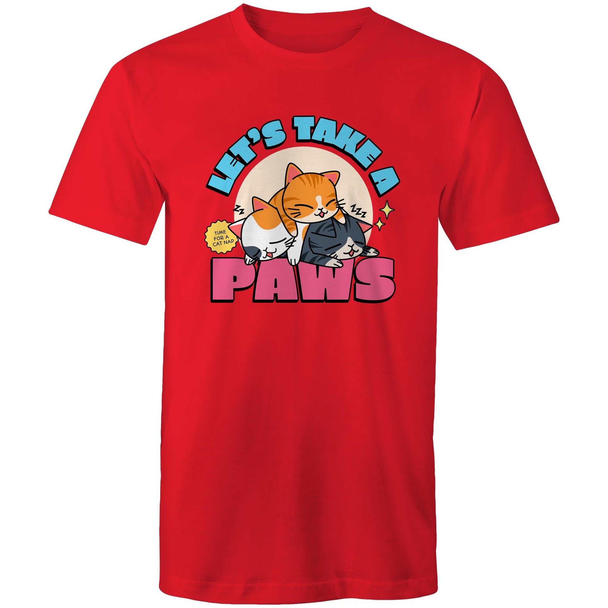 Let's Take A Paws, Time For A Cat Nap - Mens T-Shirt Red Mens T-shirt animal