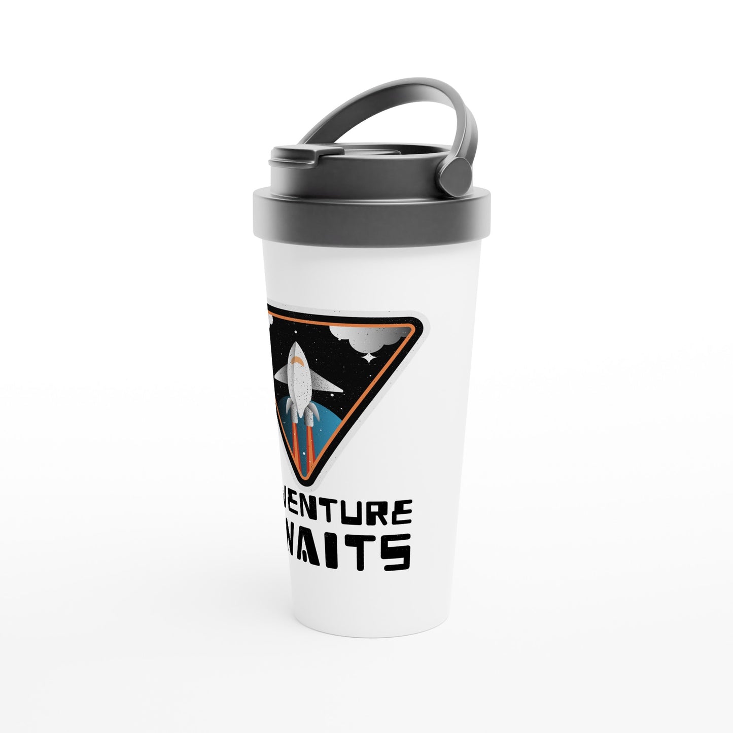 Adventure Awaits, Rocket Ship - White 15oz Stainless Steel Travel Mug Travel Mug Globally Fulfilled Space