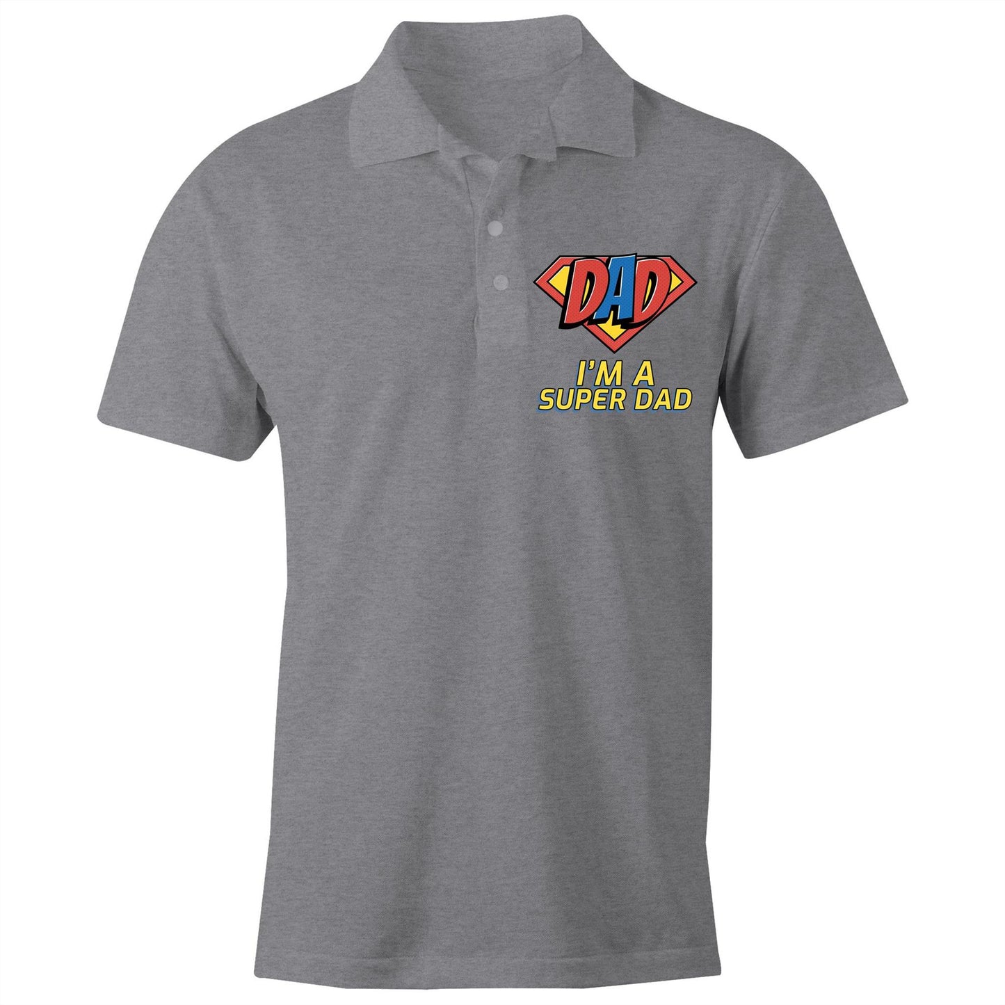 I'm A Super Dad - Chad S/S Polo Shirt, Printed Grey Marle Polo Shirt comic Dad