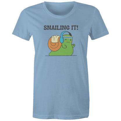 Snailing It - Womens T-shirt Carolina Blue Womens T-shirt Fitness Printed In Australia