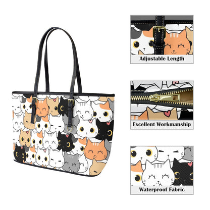 Cute Cartoon Cats - Leather Tote Bag-Large